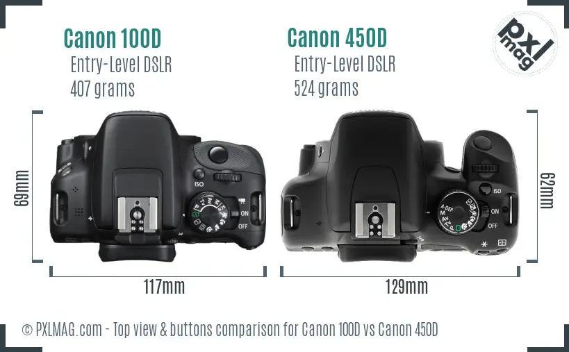 Canon 100D vs Canon 450D top view buttons comparison