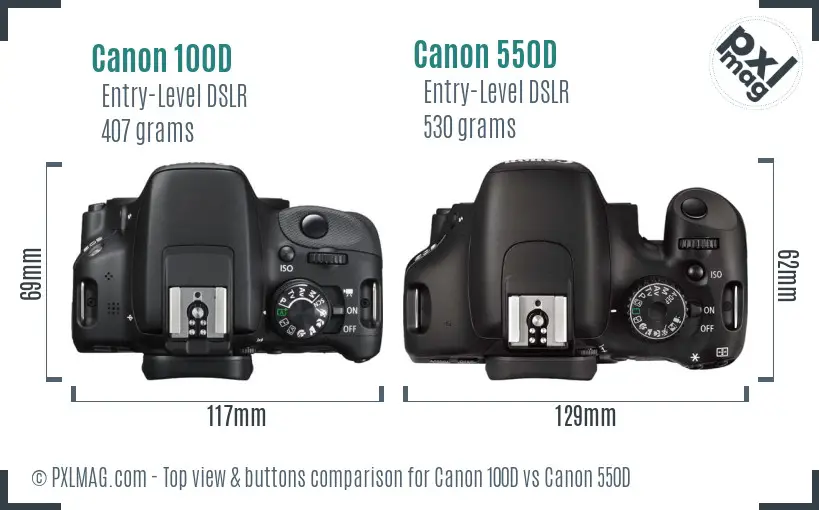 Canon 100D vs Canon 550D top view buttons comparison