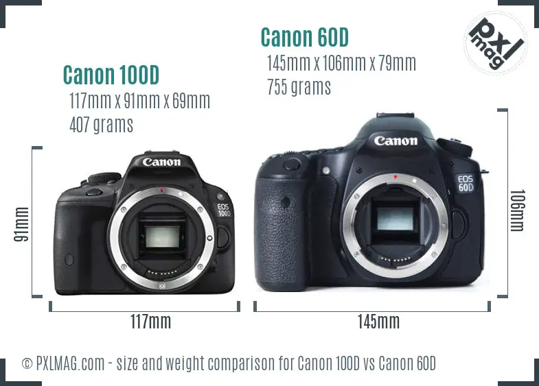 Canon 100D vs Canon 60D size comparison