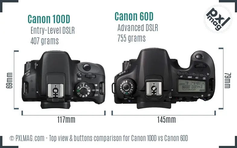 Canon 100D vs Canon 60D top view buttons comparison