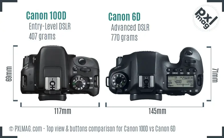 Canon 100D vs Canon 6D top view buttons comparison