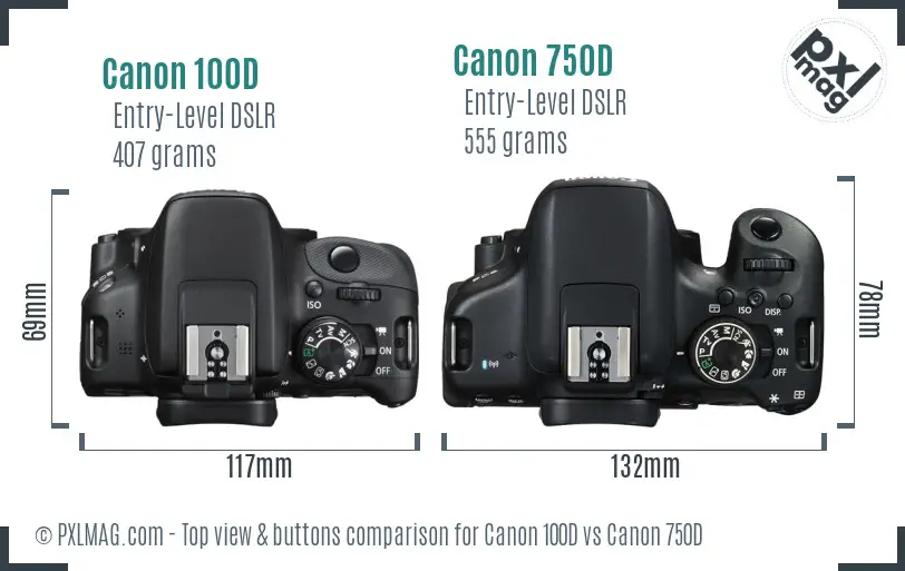Canon 100D vs Canon 750D top view buttons comparison