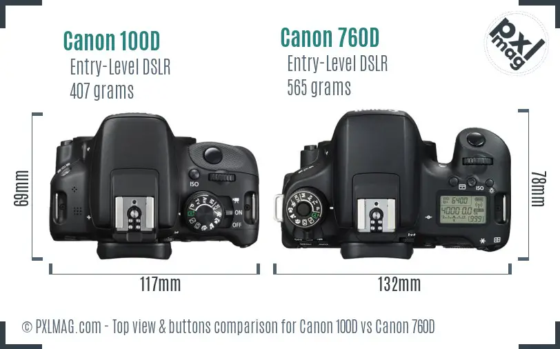 Canon 100D vs Canon 760D top view buttons comparison