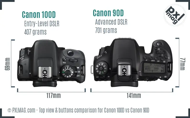Canon 100D vs Canon 90D top view buttons comparison Canon 100D vs Canon 90D top view buttons comparison