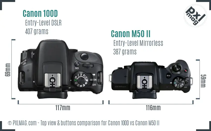 Canon 100D vs Canon M50 II top view buttons comparison