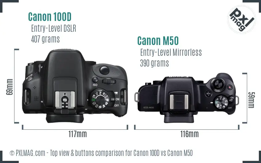 Canon 100D vs Canon M50 top view buttons comparison