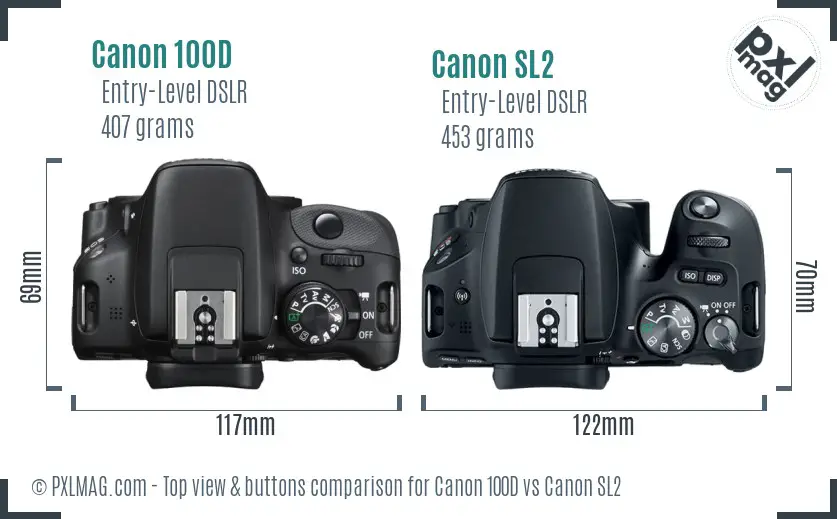 Canon 100D vs Canon SL2 top view buttons comparison