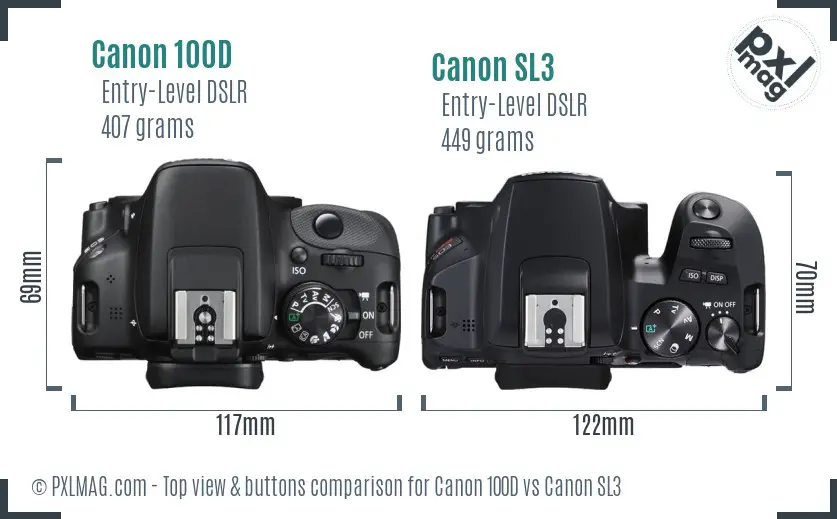 Canon 100D vs Canon SL3 top view buttons comparison