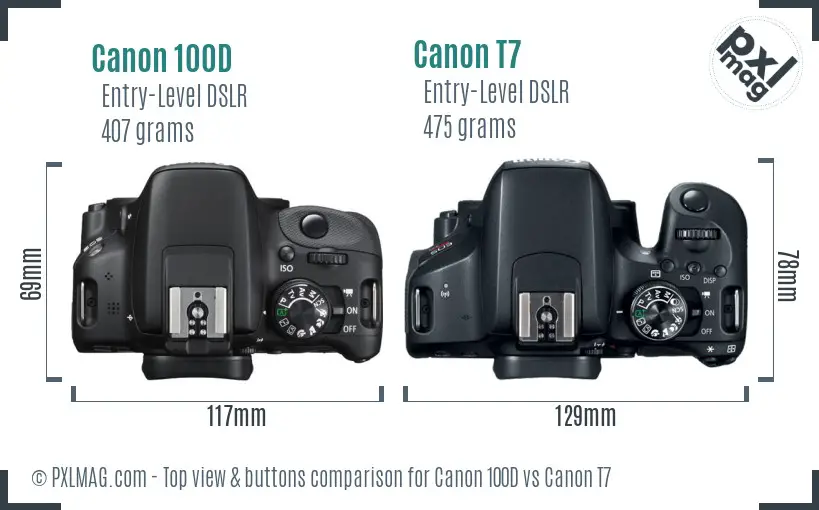 Canon 100D vs Canon T7 top view buttons comparison