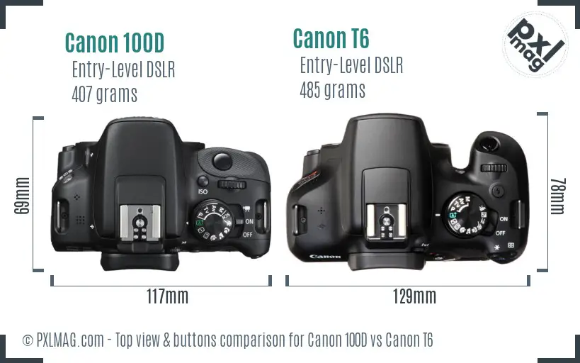 Canon 100D vs Canon T6 top view buttons comparison