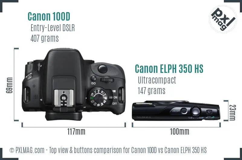 Canon 100D vs Canon ELPH 350 HS top view buttons comparison Canon 100D vs Canon ELPH 350 HS top view buttons comparison