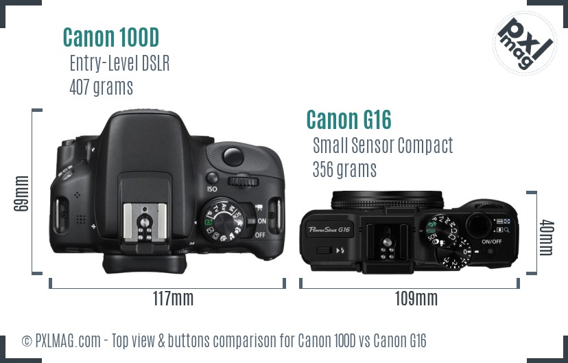Canon 100D vs Canon G16 top view buttons comparison