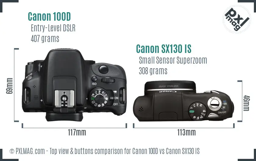 Canon 100D vs Canon SX130 IS top view buttons comparison