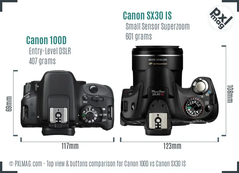 Canon 100D vs Canon SX30 IS top view buttons comparison