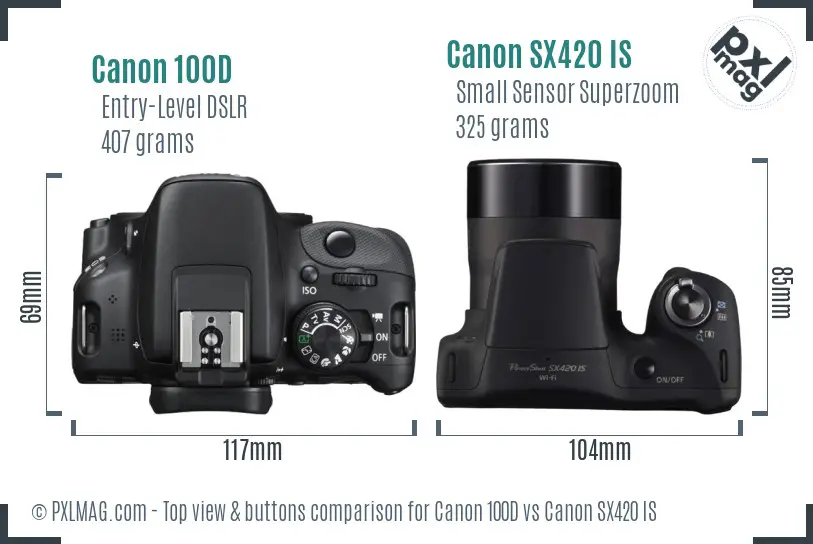 Canon 100D vs Canon SX420 IS top view buttons comparison