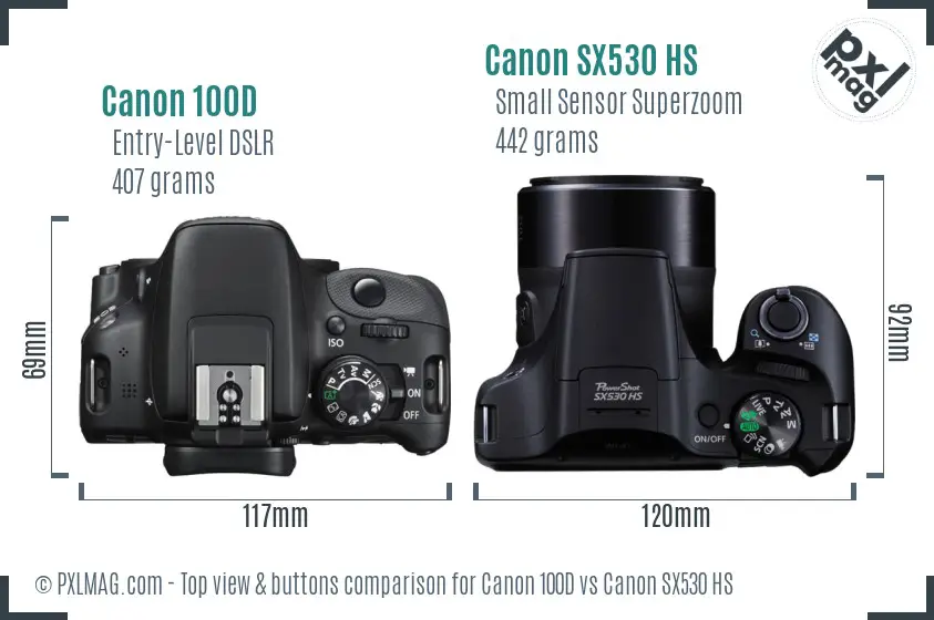 Canon 100D vs Canon SX530 HS top view buttons comparison