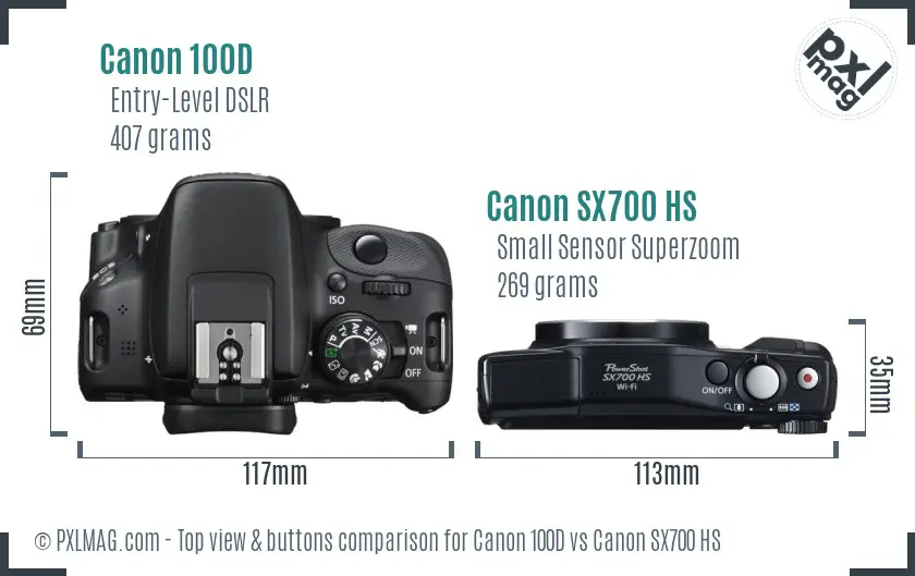 Canon 100D vs Canon SX700 HS top view buttons comparison