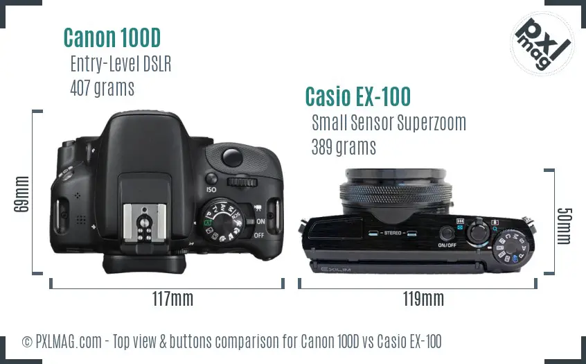 Canon 100D vs Casio EX-100 top view buttons comparison