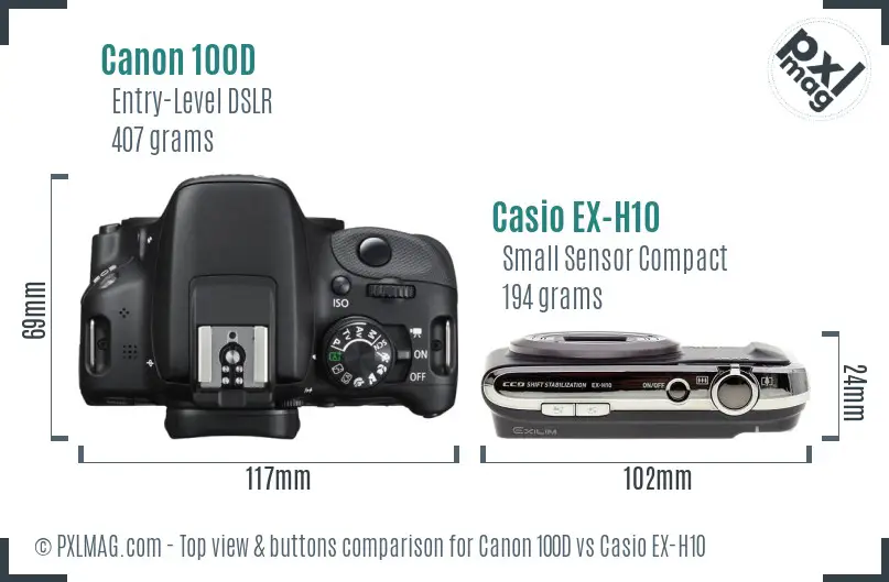 Canon 100D vs Casio EX-H10 top view buttons comparison Canon 100D vs Casio EX-H10 top view buttons comparison