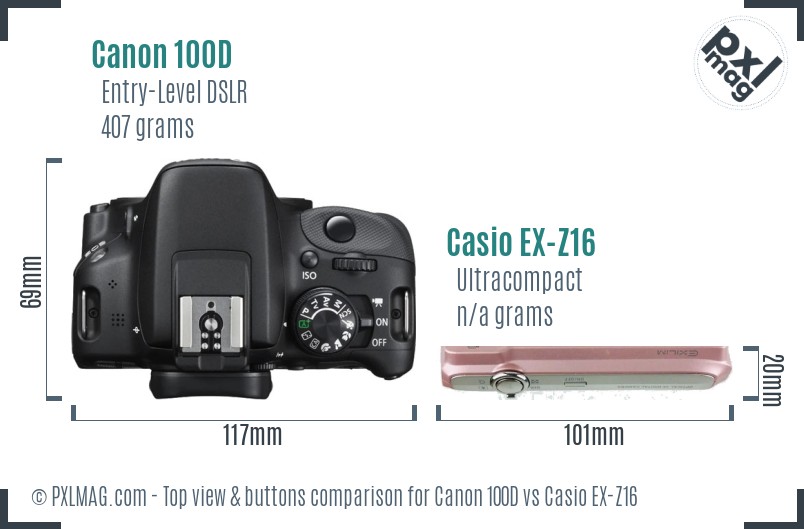 Canon 100D vs Casio EX-Z16 top view buttons comparison
