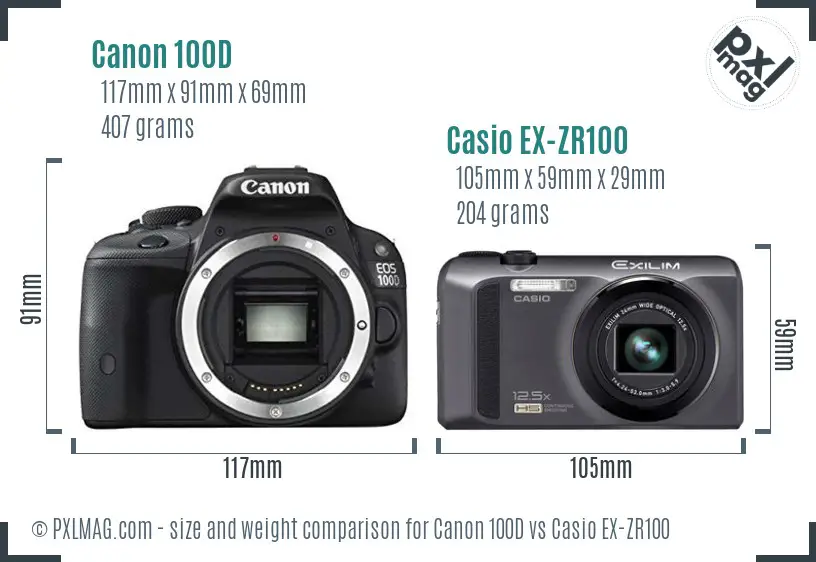 Canon 100D vs Casio EX-ZR100 size comparison