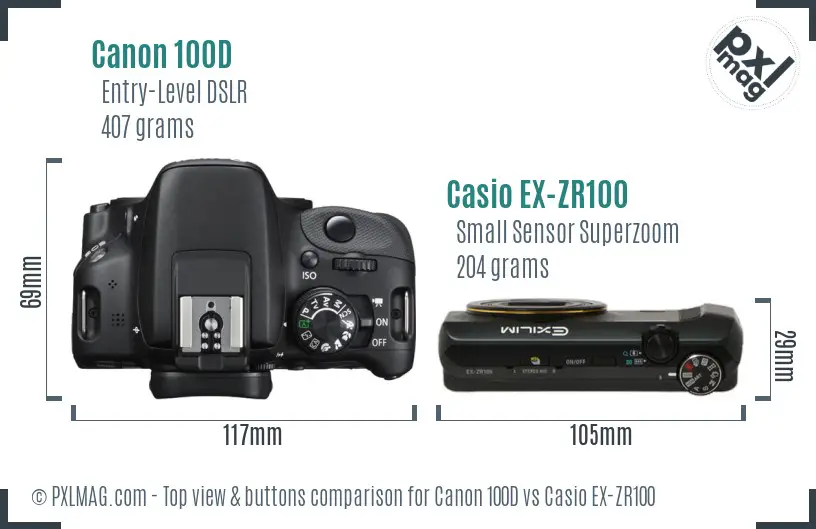 Canon 100D vs Casio EX-ZR100 top view buttons comparison