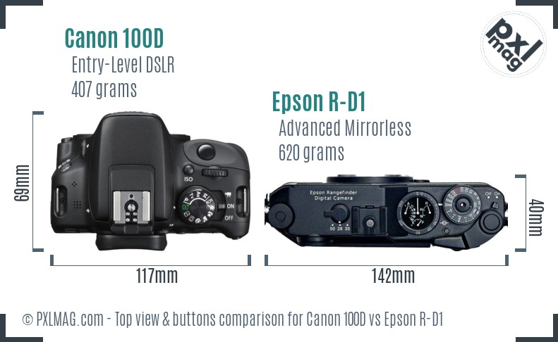 Canon 100D vs Epson R-D1 top view buttons comparison