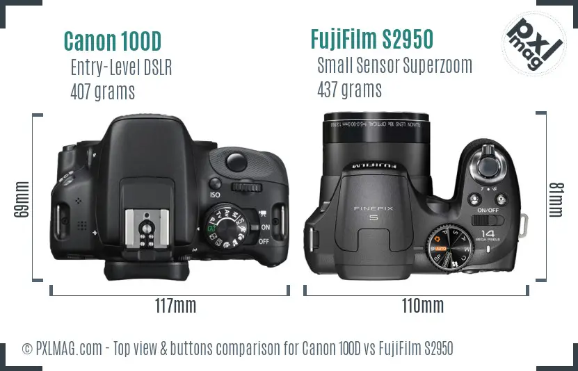 Canon 100D vs FujiFilm S2950 top view buttons comparison