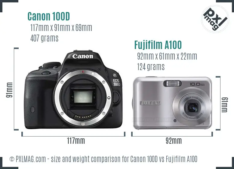 Canon 100D vs Fujifilm A100 size comparison