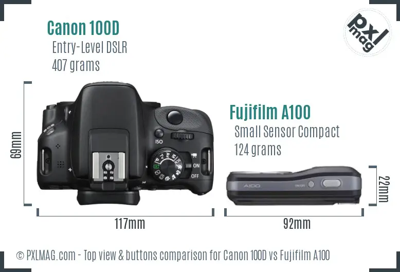 Canon 100D vs Fujifilm A100 top view buttons comparison