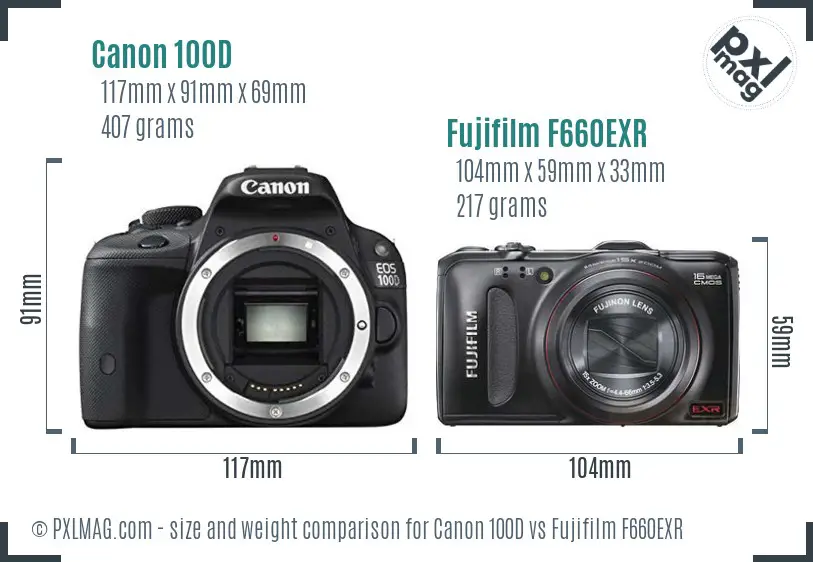 Canon 100D vs Fujifilm F660EXR size comparison