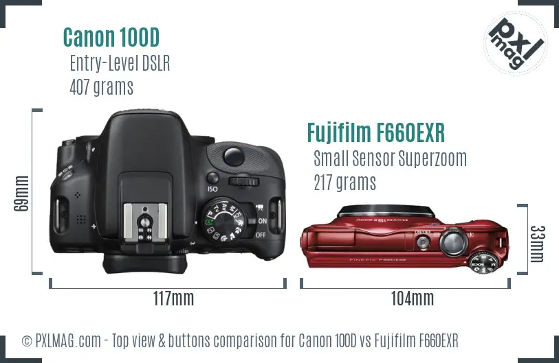 Canon 100D vs Fujifilm F660EXR top view buttons comparison
