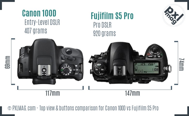Canon 100D vs Fujifilm S5 Pro top view buttons comparison