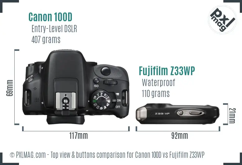 Canon 100D vs Fujifilm Z33WP top view buttons comparison