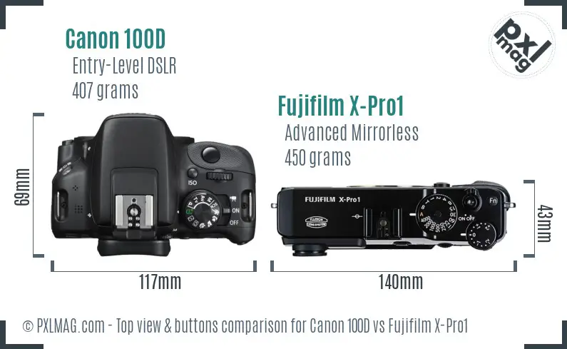 Canon 100D vs Fujifilm X-Pro1 top view buttons comparison