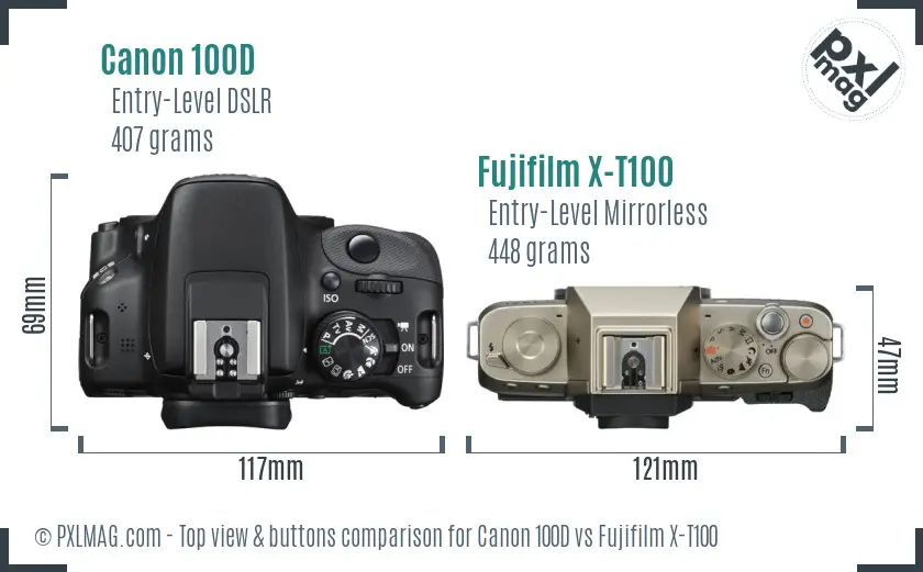 Canon 100D vs Fujifilm X-T100 top view buttons comparison Canon 100D vs Fujifilm X-T100 top view buttons comparison