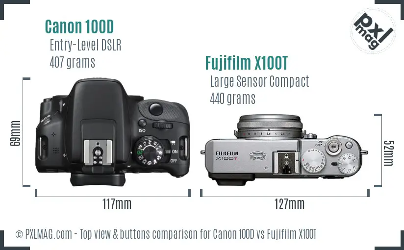 Canon 100D vs Fujifilm X100T top view buttons comparison