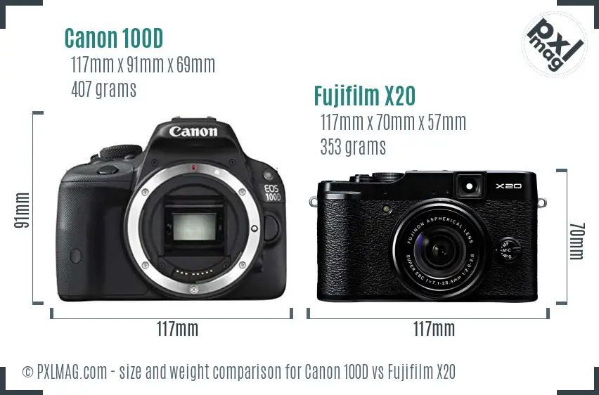 Canon 100D vs Fujifilm X20 size comparison