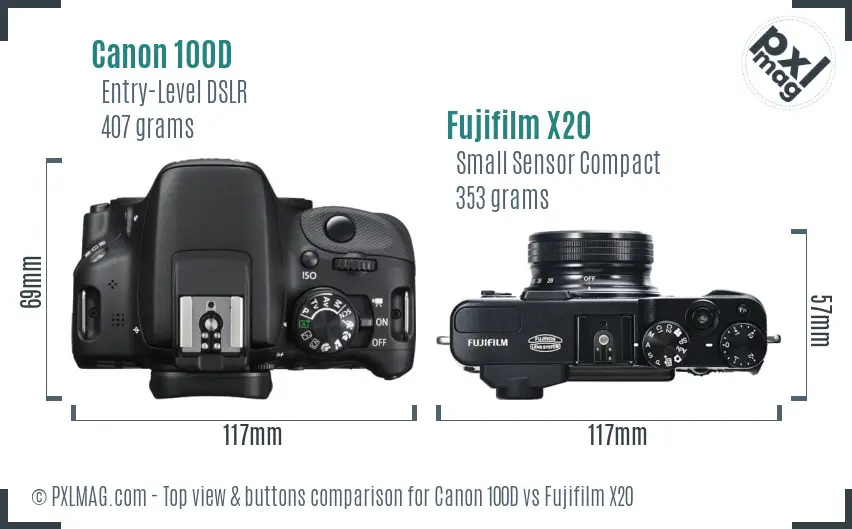 Canon 100D vs Fujifilm X20 top view buttons comparison
