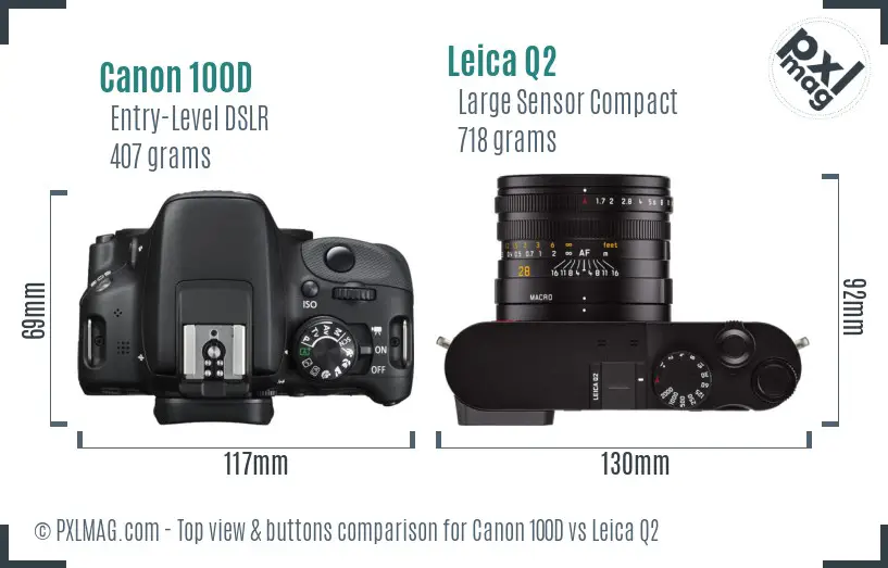 Canon 100D vs Leica Q2 top view buttons comparison