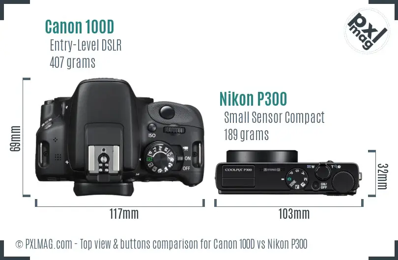 Canon 100D vs Nikon P300 top view buttons comparison
