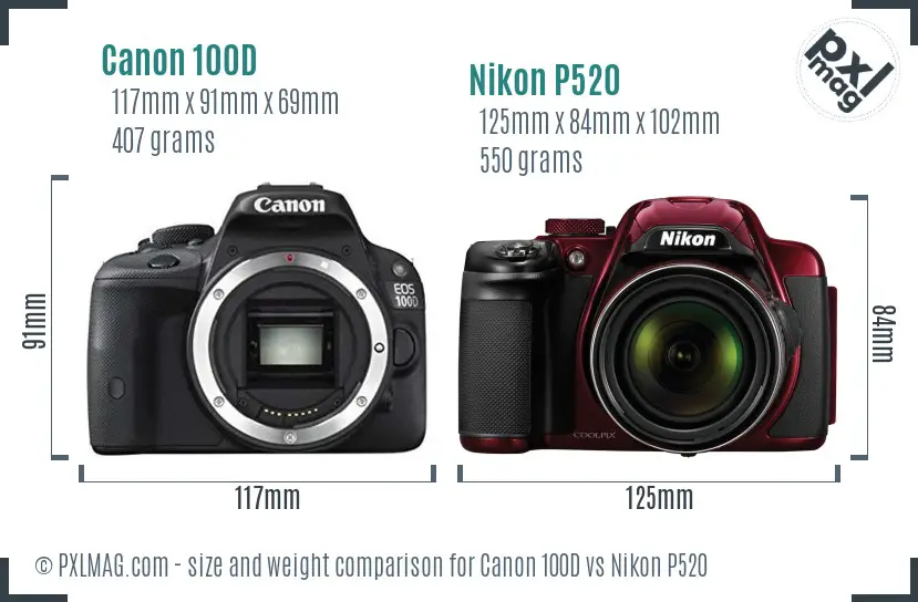 Canon 100D vs Nikon P520 size comparison
