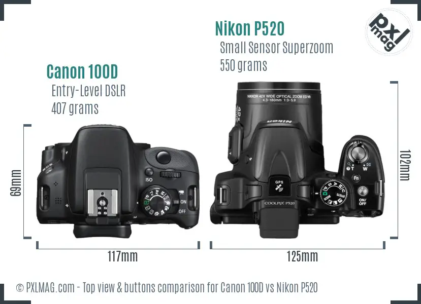 Canon 100D vs Nikon P520 top view buttons comparison
