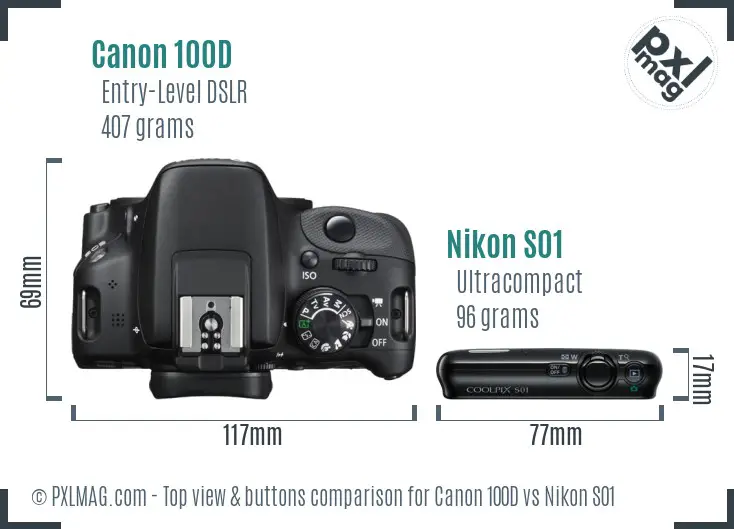 Canon 100D vs Nikon S01 top view buttons comparison