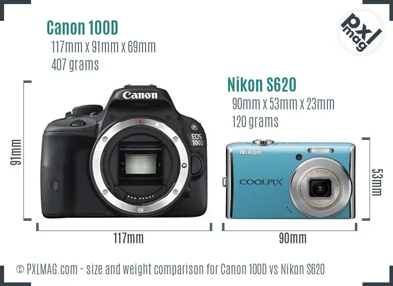 Canon 100D vs Nikon S620 size comparison