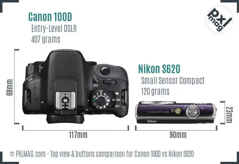 Canon 100D vs Nikon S620 top view buttons comparison