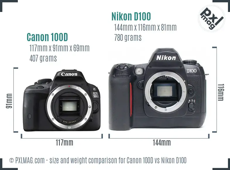 Size comparison between Canon 100D and Nikon D100