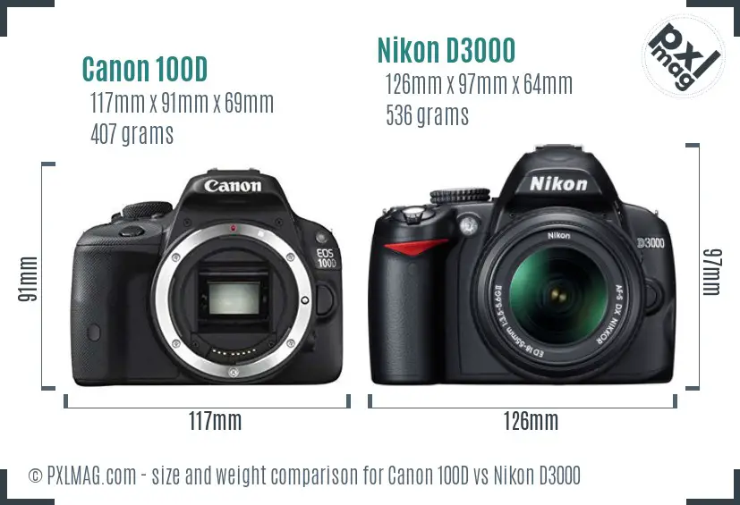 Canon 100D vs Nikon D3000 size comparison