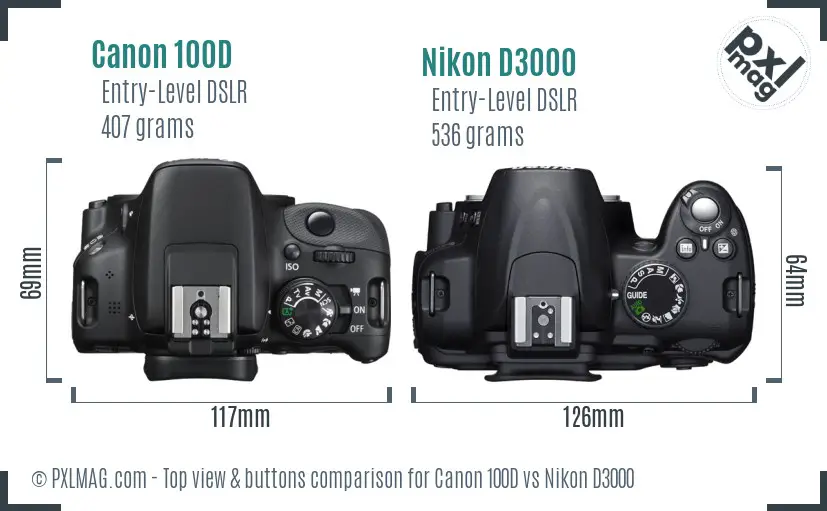 Canon 100D vs Nikon D3000 top view buttons comparison