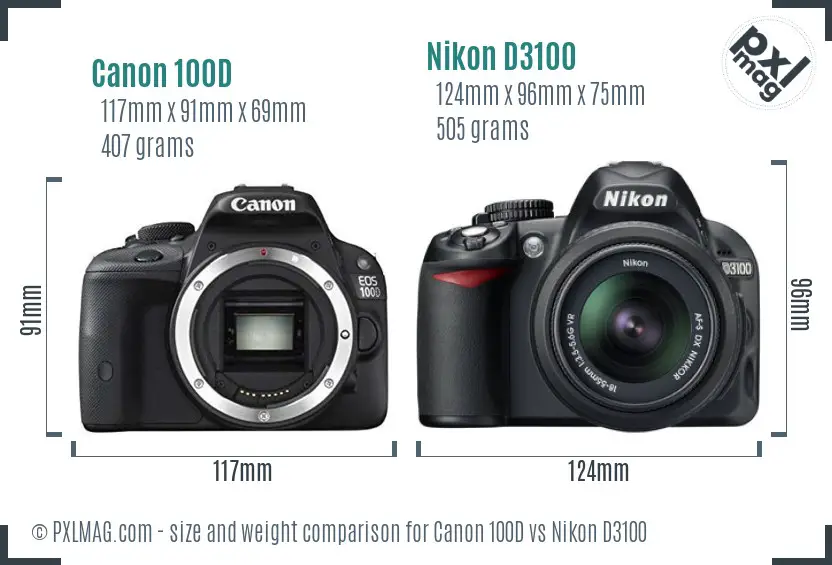 Canon 100D vs Nikon D3100 size comparison